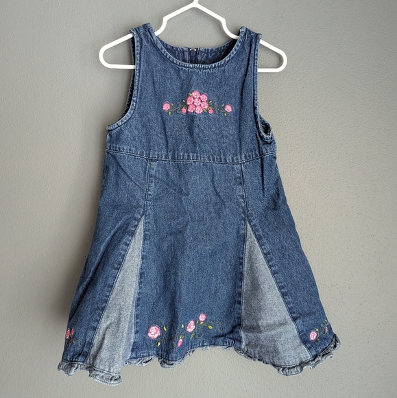 Faded Glory Other - Vintage 3T Denim Cotton Dress With Stitched Pink Flowers. Vintage Denim Dress 3T